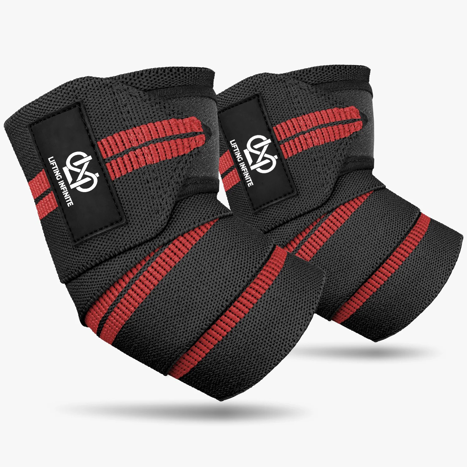 Black and red striped Lifting Infinite elbow wraps, pair