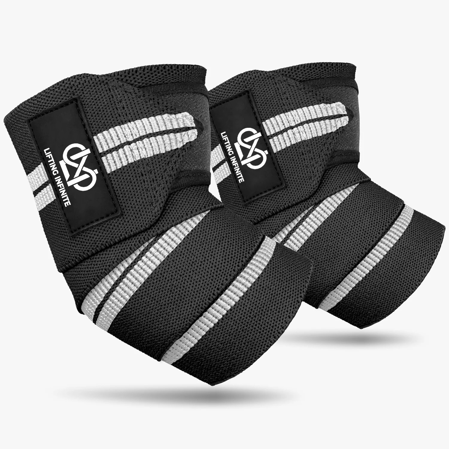 Black and white striped Lifting Infinite elbow wraps, pair