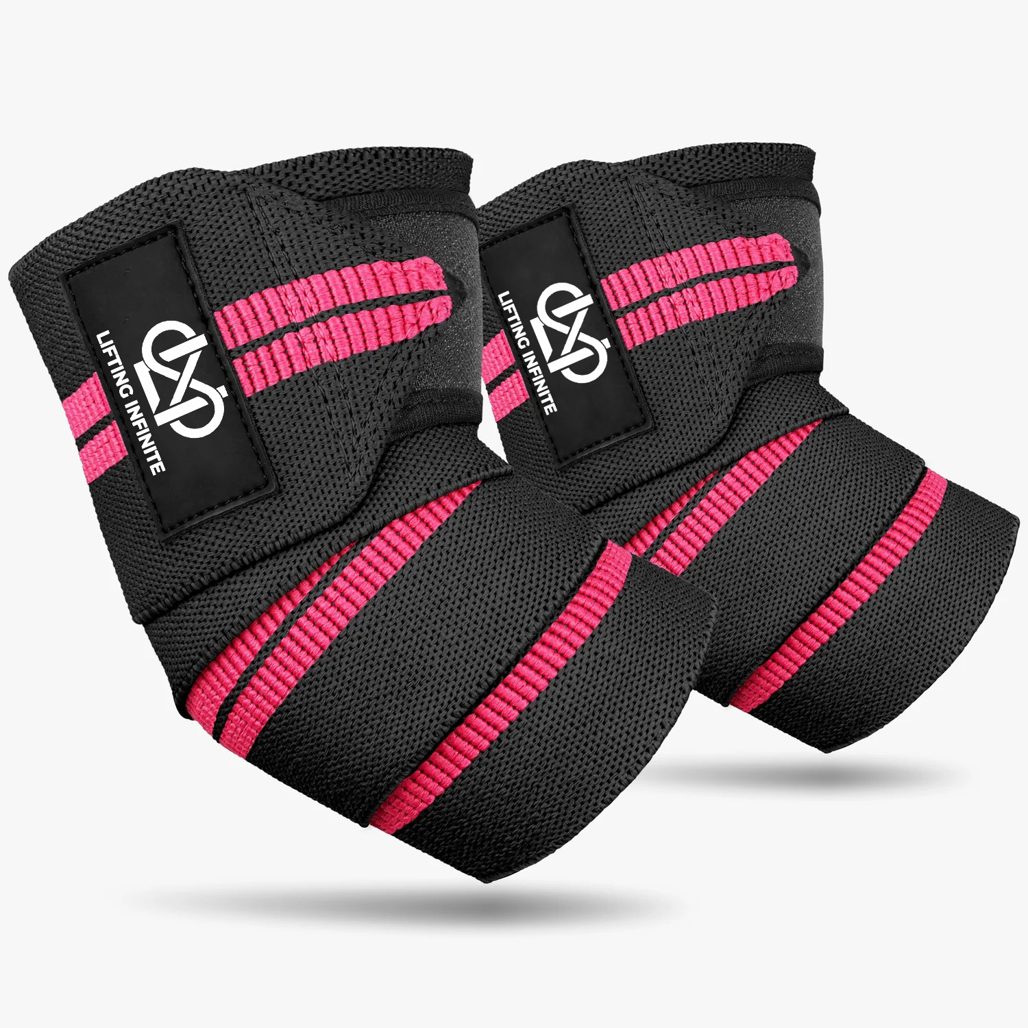 Black and pink striped Lifting Infinite elbow wraps, pair