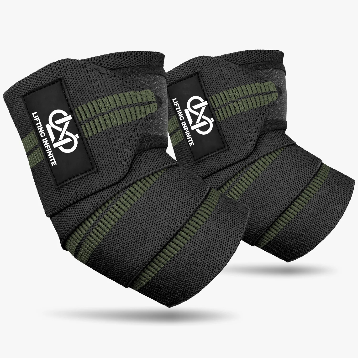 Black and green striped Lifting Infinite elbow wraps, pair