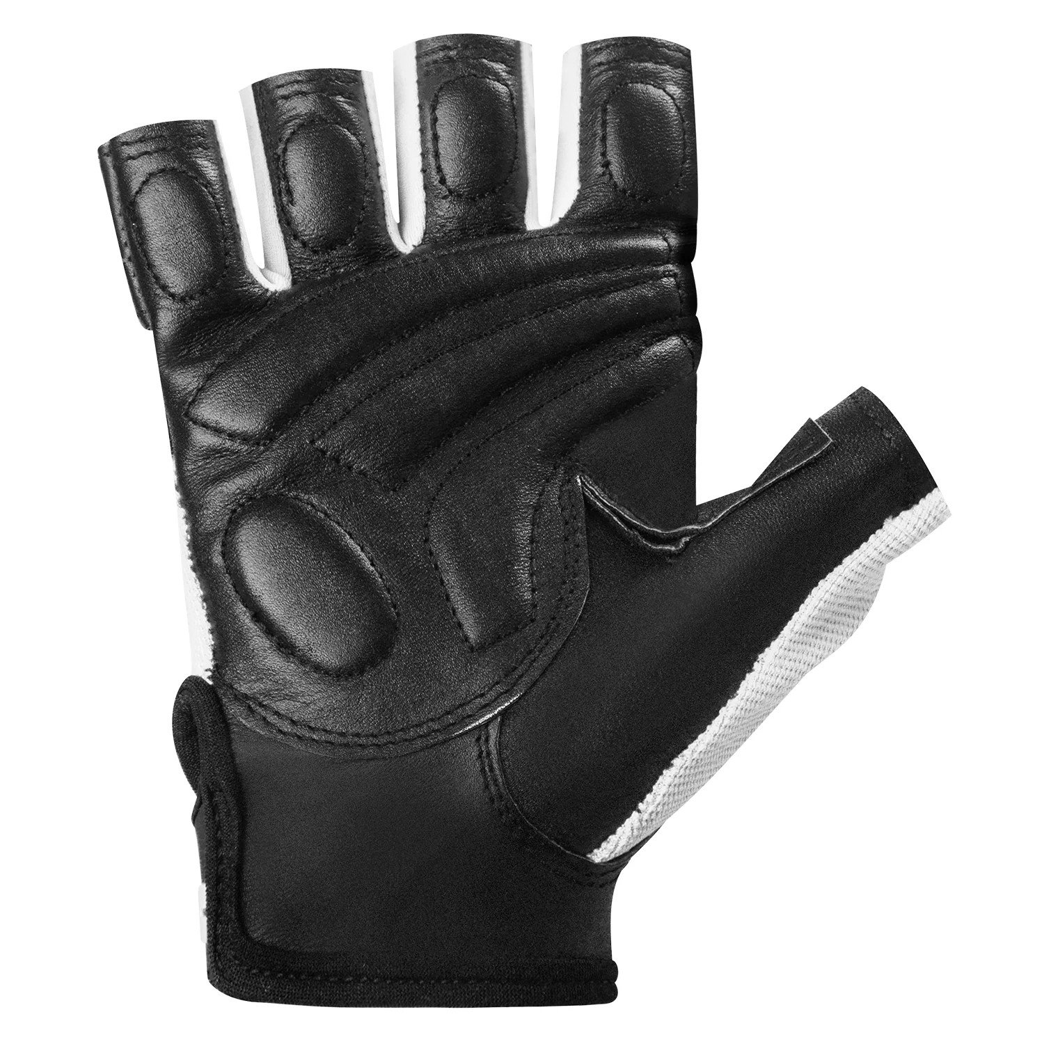 Padded leather palm of the Lifting Infinite black and white fingerless weightlifting glove