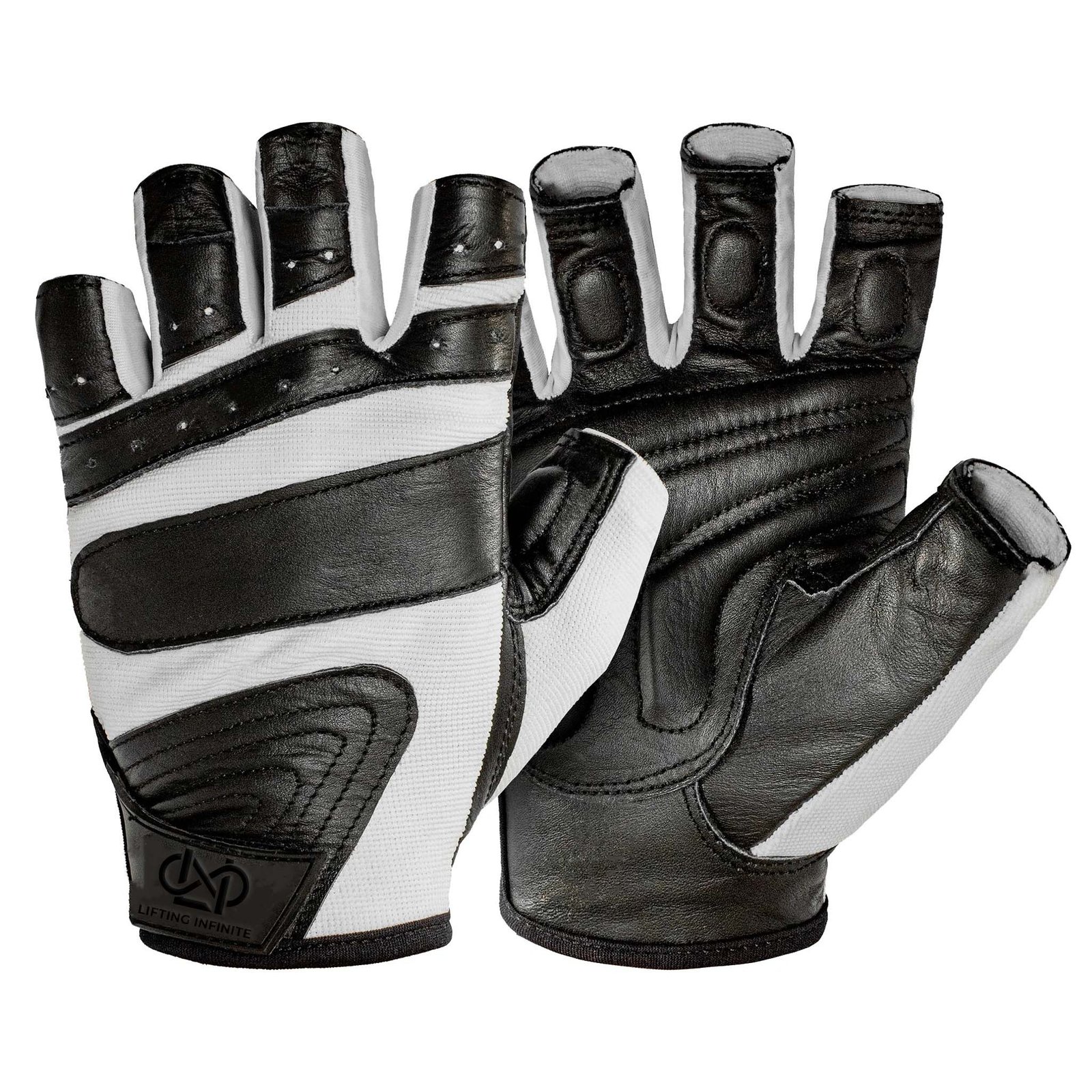 Pair of Lifting Infinite black and white leather fingerless weightlifting gloves with padded palms