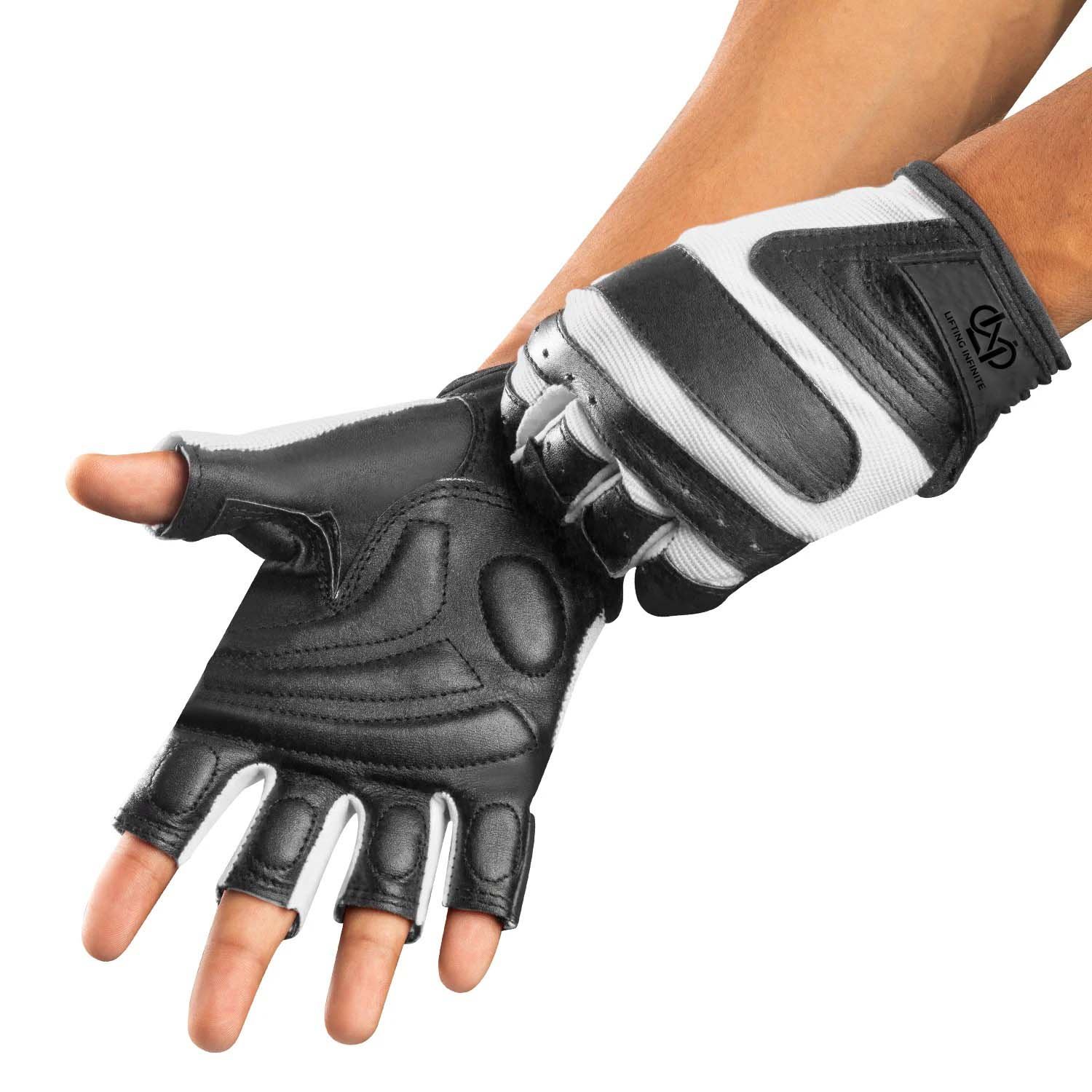 Lifting Infinite black and white leather fingerless weightlifting gloves worn on crossed hands