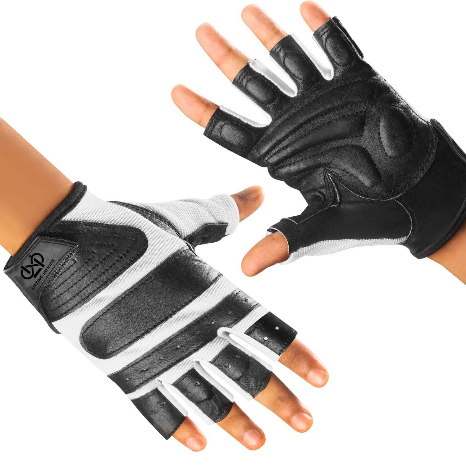 Lifting Infinite black and white leather fingerless weightlifting gloves worn on an open hand, showing the padded palm